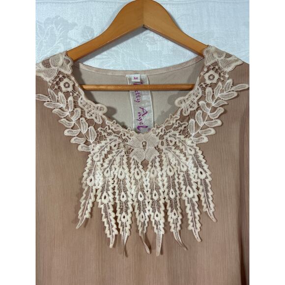 Pretty Angel Tunic Medium Tan Lace Trim Gauze Layered Silk Blend Fairy - Picture 6 of 11